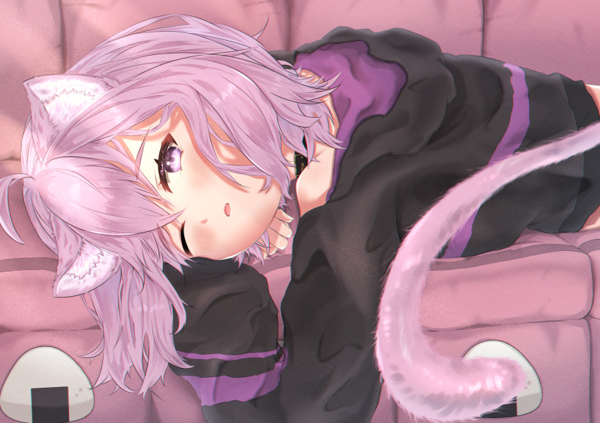 1girl ahoge anima animal_collar animal_ear_fluff animal_ears black_collar black_hairband black_hoodie blue_hair blush cat_ears cat_girl cat_tail collar couch cropped_hoodie crossed_bangs diagonal_bangs fang food food_print hair_between_eyes hairband highres hololive hood hoodie long_sleeves looking_at_viewer lying nekomata_okayu nekomata_okayu_(1st_costume) on_stomach one_eye_closed onigiri onigiri_print open_mouth purple_eyes purple_hair short_hair sleeves_past_wrists solo tail virtual_youtuber ytki0