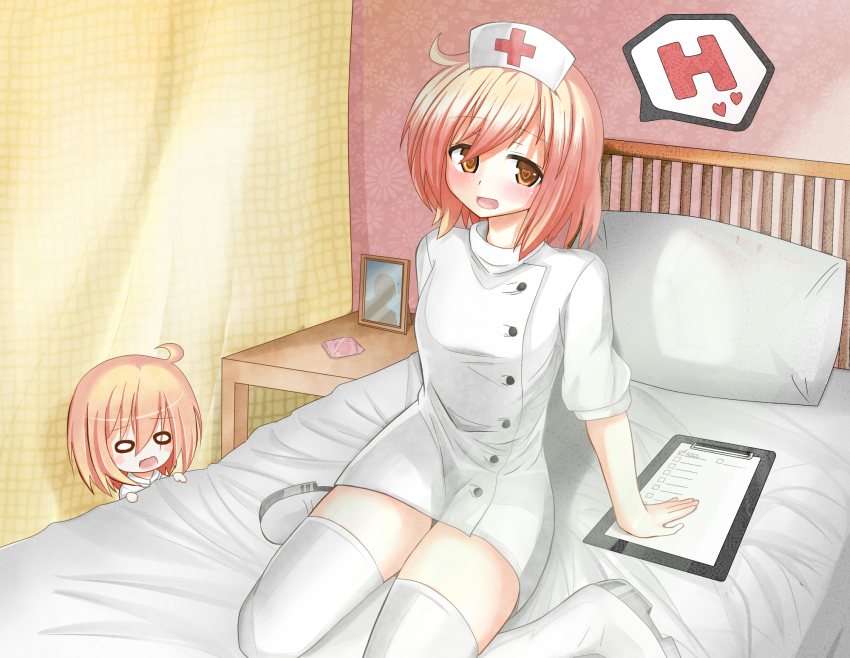 10s 1girl artist_request bed condom heart heart-shaped_pupils highres kotoura-san kotoura_haruka nurse orange_eyes orange_hair sitting symbol-shaped_pupils