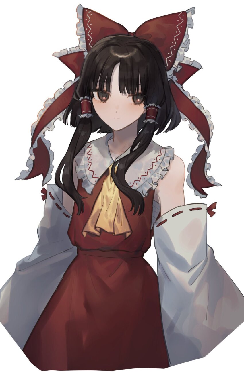 1girl ascot bare_shoulders bow brown_eyes brown_hair closed_mouth detached_sleeves hair_bow hair_tubes hakurei_reimu highres japanese_clothes long_hair marimo_tarou nontraditional_miko red_bow red_skirt ribbon-trimmed_sleeves ribbon_trim sidelocks simple_background skirt solo touhou upper_body white_background white_sleeves wide_sleeves yellow_ascot