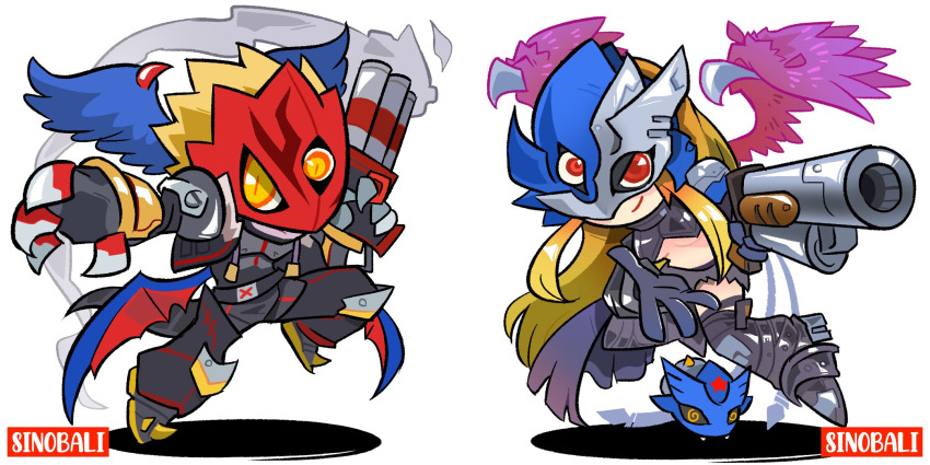 1boy 1girl artist_request beelstarmon beelstarmon_x-antibody beelzebumon beelzebumon_x-antibody chibi demon demon_boy demon_girl digimon flying full_body gun helmet highres holding holding_weapon seven_great_demon_lords smile tail third_eye weapon wings