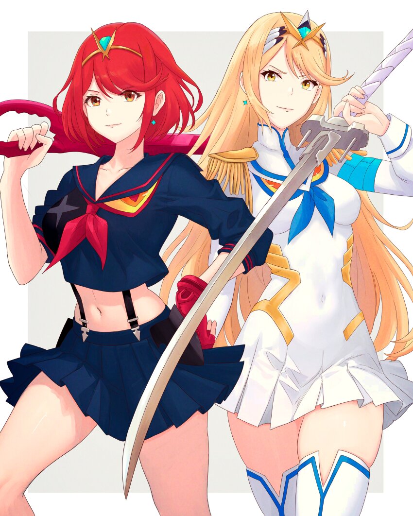 2girls absurdres alternate_costume bakuzan blonde_hair cosplay highres kamui_(kill_la_kill) kill_la_kill kiryuuin_satsuki kiryuuin_satsuki_(cosplay) matoi_ryuuko matoi_ryuuko_(cosplay) multiple_girls mythra_(xenoblade) pyra_(xenoblade) red_hair scissor_blade_(kill_la_kill) senketsu truejekart xenoblade_chronicles_(series) xenoblade_chronicles_2