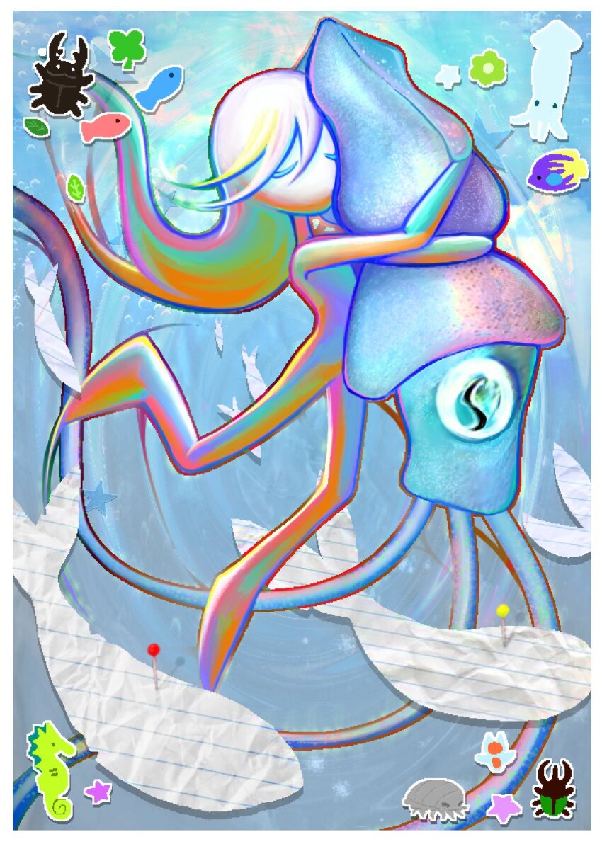 androgynous animal animal_hug beetle bloopy blue_background bug closed_eyes clover colored_eyelashes colored_skin fish four-leaf_clover highres hug insect leaf lined_paper long_hair multicolored_hair no_eyebrows no_mouth original outside_border pin rainbow_hair sea_creature seahorse squid star_(symbol) surreal tropical_fish