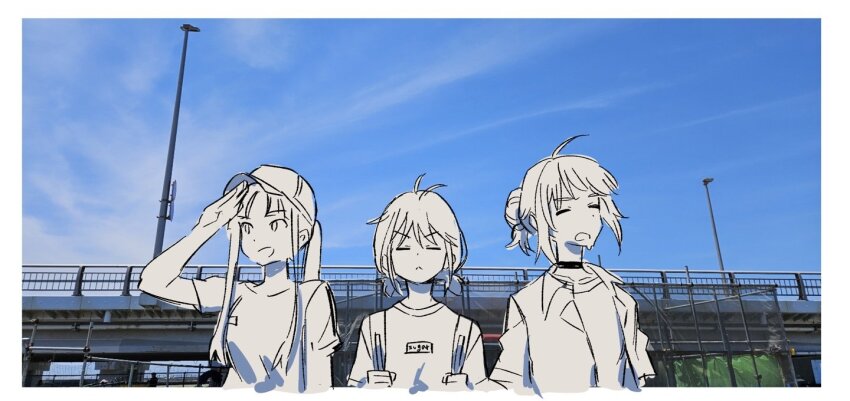 ahoge awa_subaru backpack bag baseball_cap border choker day enoshima folded_ponytail gganchan girls_band_cry hat iseri_nina kawaragi_momoka long_hair low_twintails outdoors photo_background ponytail shading_face shirt short_hair short_twintails sidelocks twintails white_border