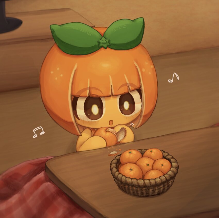 1girl agpgwm bare_arms bare_shoulders basket blunt_bangs blush borrowed_character bright_pupils brown_eyes chibi chibi_only colored_skin commentary_request food food-themed_hair fruit highres holding holding_food holding_fruit indoors muscular muscular_male open_mouth orange_(fruit) orange_hair orange_skin original peeling pepoyo_(style) smile solo table upper_body white_pupils wide-eyed