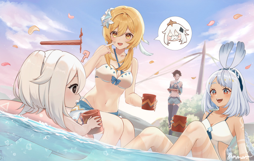 4girls :d ? absurdres amaneko_(amaneko_y) atea_(genshin_impact) bare_shoulders bikini black_eyes blonde_hair blue_shorts blue_thighhighs body_markings braid breasts brown_hair cleavage closed_eyes collarbone commentary_request criss-cross_halter crop_top cup flower genshin_impact hair_between_eyes hair_flower hair_ornament halo halterneck highres holding holding_cup holding_tray long_hair lumine_(genshin_impact) lumine_(hot_springs)_(genshin_impact) medium_breasts mualani_(genshin_impact) mualani_(hot_springs)_(genshin_impact) multiple_girls navel official_alternate_costume one-piece_swimsuit onsen open_mouth outdoors paimon_(genshin_impact) paimon_(hot_springs)_(genshin_impact) pink_innertube pointing pointing_at_self red_eyes same-sex_bathing shared_bathing short_hair_with_long_locks shorts signature sitting smile spoken_character stomach swimsuit symbol-shaped_pupils teeth thighhighs tray upper_teeth_only very_long_hair walking white_bikini white_flower white_hair white_one-piece_swimsuit yellow_eyes