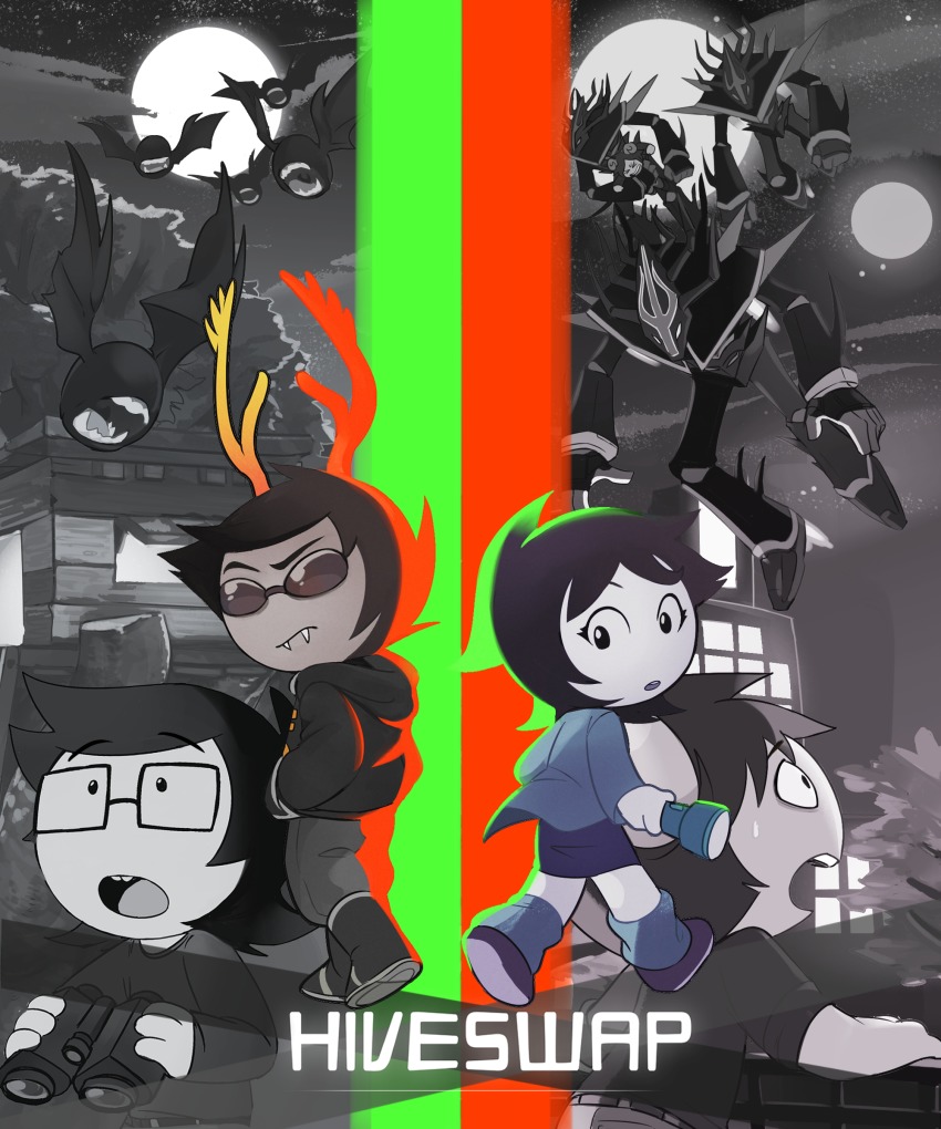 2girls 3boys absurdres aradia_megido bad_id bad_tumblr_id binoculars buck_teeth copyright_name dammek fangs flashlight glasses hands_in_pockets highres hiveswap homestuck hone_(honesk1) hood hoodie horns jacket joey_claire jude_harley looking_at_viewer monster moon multiple_boys multiple_girls robot skirt sleeves_rolled_up socks sunglasses sweatdrop teeth tree treehouse troll_(homestuck) xefros_tritoh