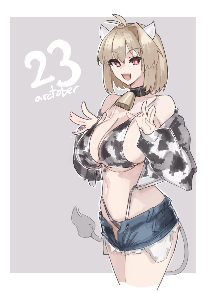 1girl :d absurdres animal_ears animal_print arcueid_brunestud bell bikini blonde_hair blue_shorts border breasts commentary cow_ears cow_print cow_print_bikini cow_print_jacket cow_tail denim denim_shorts english_commentary fake_animal_ears fake_tail grey_background highleg highleg_panties highres jacket jonyeld large_breasts looking_at_viewer navel neck_bell open_clothes open_jacket open_mouth outside_border panties print_bikini red_eyes shorts simple_background smile solo standing swimsuit tail tsukihime underwear white_border