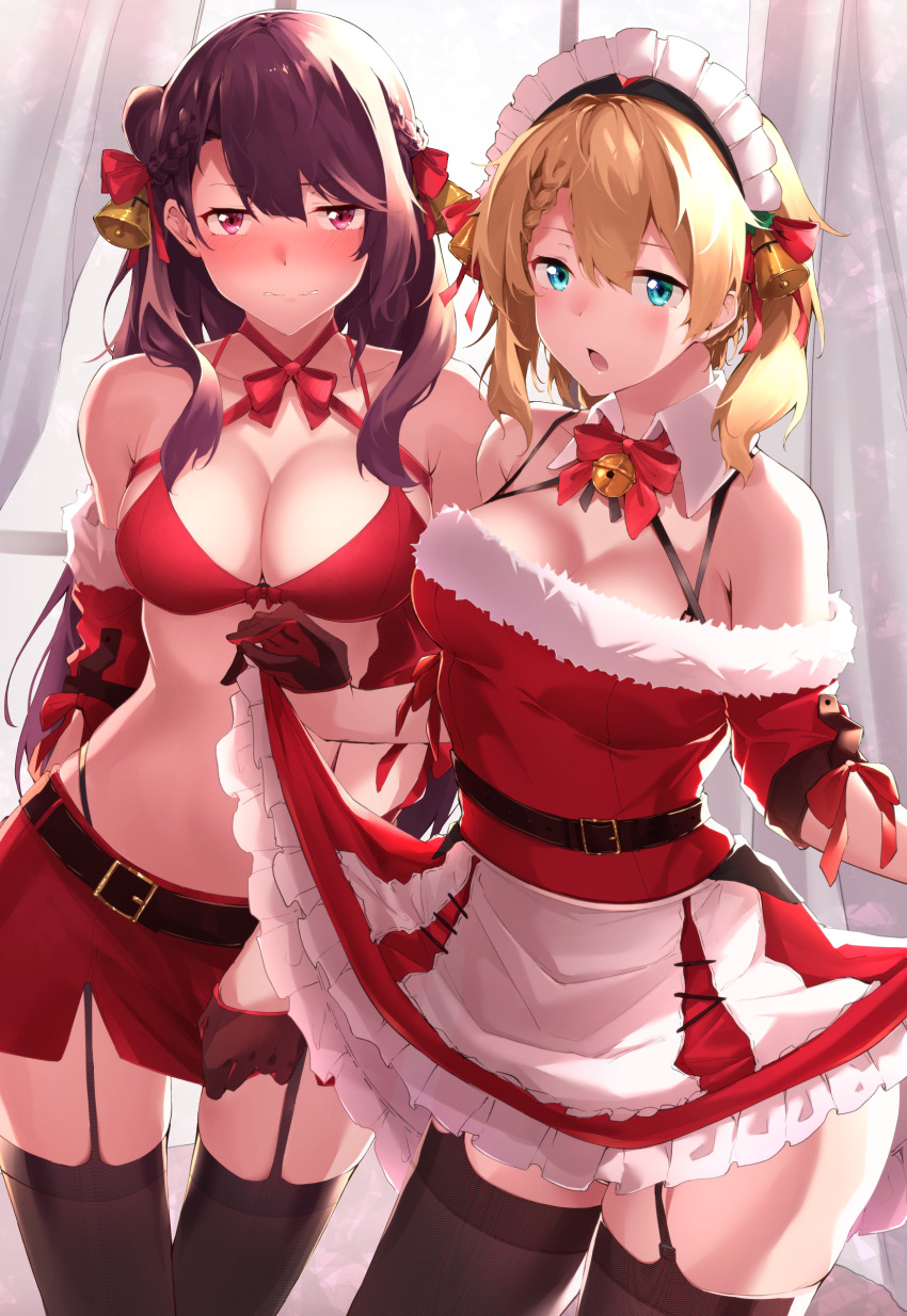 2girls absurdres aqua_eyes arm_behind_back bare_shoulders bell belt black_gloves black_legwear blonde_hair blush bow bowtie braid breasts christmas christmas_dress cleavage clothes_lift collarbone dress dress_lift fluegel_(gumi710) french_braid g36_(girls&#039;_frontline) garter_straps girls&#039;_frontline gloves hair_between_eyes hair_ornament hand_on_back highres long_hair looking_at_viewer maid_headdress medium_breasts medium_hair multiple_girls open_mouth purple_eyes purple_hair santa_costume santa_dress standing thighhighs wa2000_(girls&#039;_frontline)