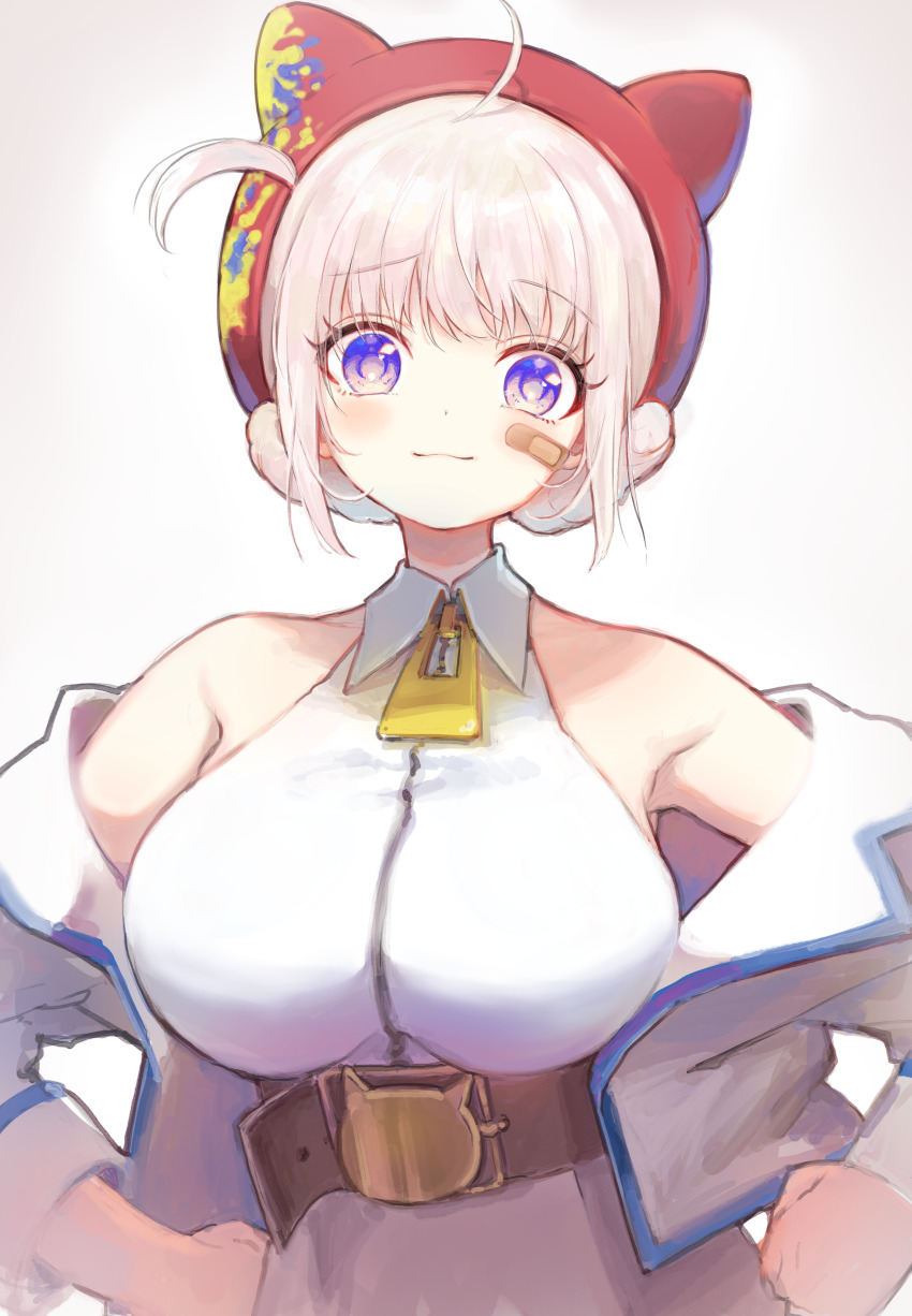 1girl absurdres ahoge aogiri_koukou bandaid bandaid_on_cheek bandaid_on_face bare_shoulders belt blush breasts brown_belt closed_mouth collared_shirt commentary ena1215 hat hat_with_ears highres jacket large_breasts long_sleeves looking_at_viewer medium_hair multicolored_hat ooshiro_mashiro purple_eyes red_hat shirt sleeveless sleeveless_shirt smile solo virtual_youtuber white_background white_hair white_jacket white_shirt