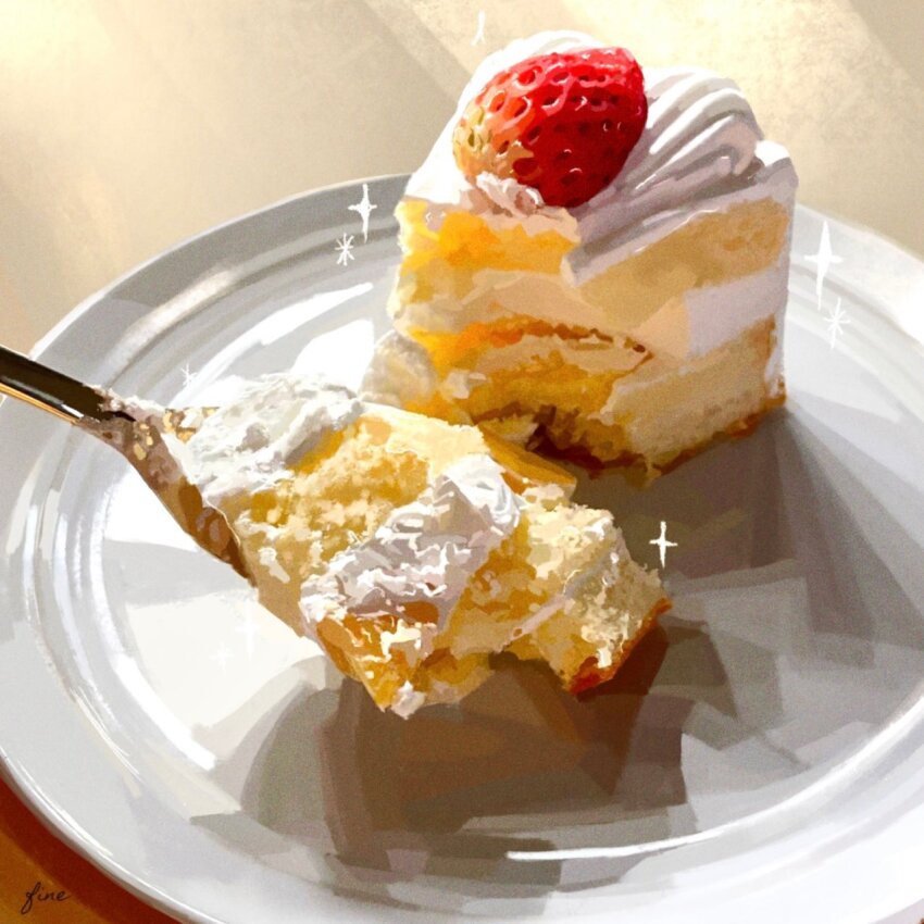 artist_name cake cake_slice dessert fine_9725 food food_focus fork fruit highres icing no_humans original plate still_life strawberry