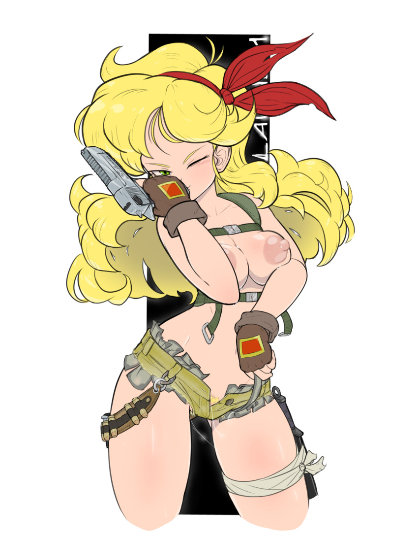 1girl ammunition_belt banknote blonde_hair bullets combat_knife curly_hair denim denim_shorts dollar_bill dragon_ball gloves green_eyes gun hair_ribbon harness highres knife large_pectorals long_hair looking_at_viewer lunch_(bad)_(dragon_ball) lunch_(dragon_ball) money moonxel object_kiss one_eye_closed pectorals pubic_hair pussy_juice ribbon shorts simple_background sweat torn_clothes torn_shorts weapon wink yellow_shorts