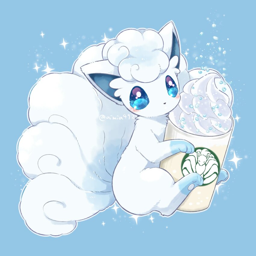 aimi_(aimia492) alolan_form alolan_vulpix blue_background blue_eyes blush coffee creatures_(company) cup disposable_coffee_cup disposable_cup game_freak gen_1_pokemon gen_7_pokemon highres ninetales nintendo no_humans pokemon pokemon_(creature) simple_background solo starbucks twitter_username whipped_cream white_hair