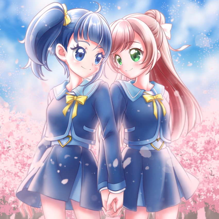 2girls belt blue_belt blue_eyes blue_hair blue_jacket blue_skirt blue_sky bow buckle cherry_blossoms cloud cloudy_sky cut_bangs day green_eyes hair_bow hair_bun hair_ribbon heart heart-shaped_buckle highres hirogaru_sky!_precure holding_hands interlocked_fingers jacket long_hair long_sleeves looking_at_another medium_hair miesa miniskirt multiple_girls neck_ribbon nijigaoka_mashiro outdoors petals pink_hair pleated_skirt precure ribbon school_uniform shirt side-by-side side_ponytail single_hair_bun single_sidelock skirt sky sora_harewataru sorashido_academy_school_uniform standing tree white_ribbon white_shirt yellow_bow yellow_ribbon