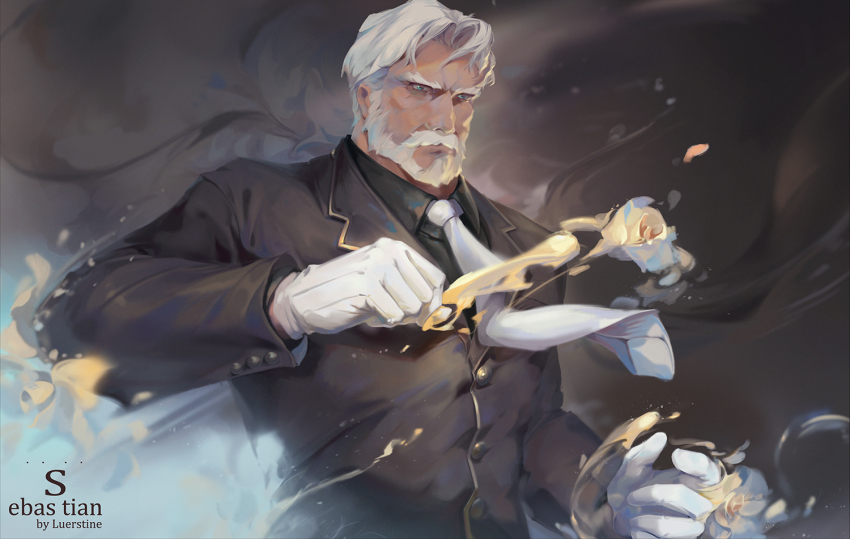 1boy beard black_suit character_name clenched_hand facial_hair formal_clothes gloves luerstine male_focus necktie old old_man overlord_(maruyama) sebas_tian suit upper_body white_gloves white_hair