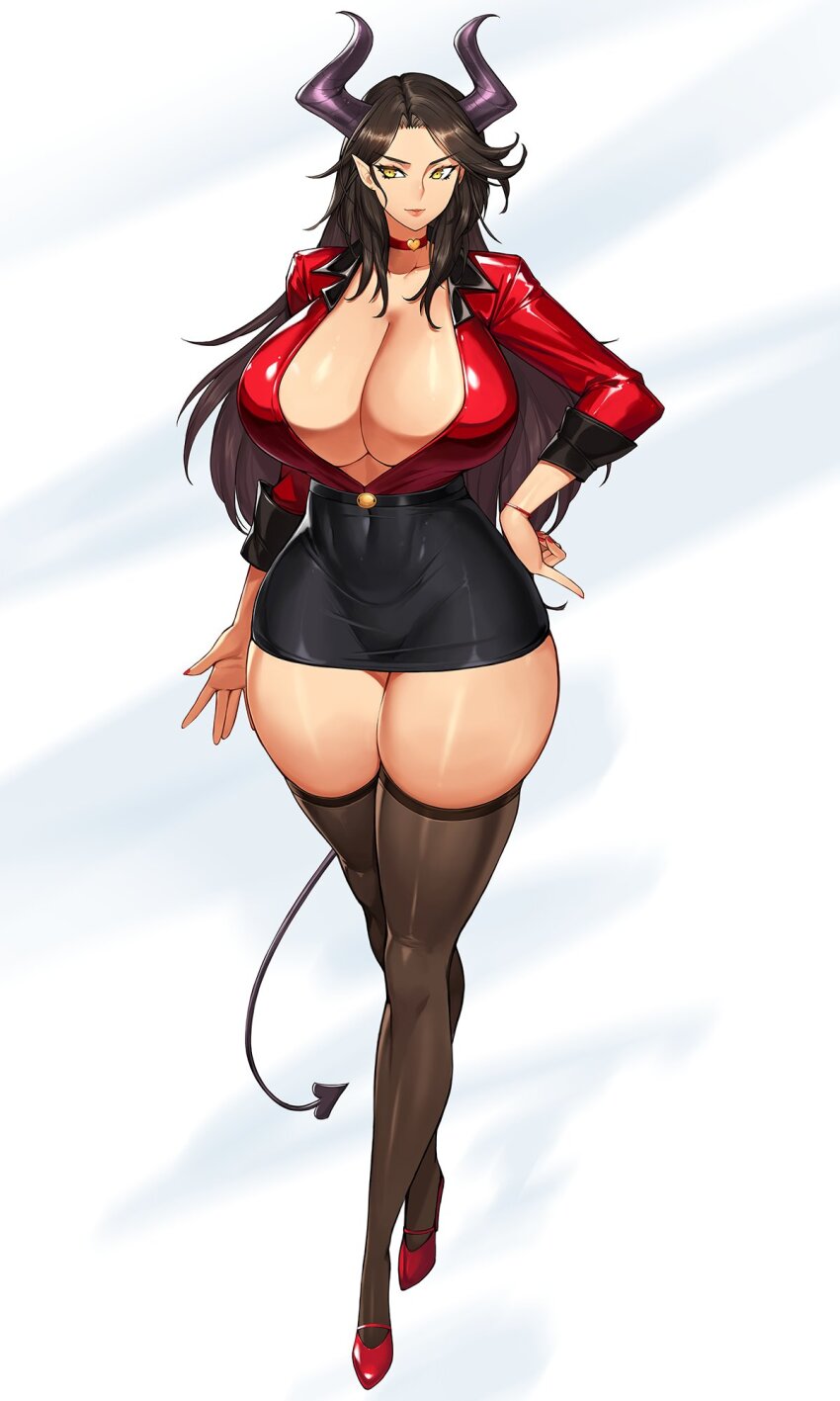 1girl black_horns black_skirt black_tail black_thighhighs breasts brown_hair choker collared_shirt commission curled_horns demon_girl demon_horns demon_tail gurimjang heart heart_choker high_heels highres horns huge_breasts jewelry long_hair long_sleeves looking_at_viewer mature_female office_lady original pencil_skirt pinky_out pointy_ears red_nails red_shirt shirt skirt smile solo tail thighhighs thighs wide_hips yellow_eyes