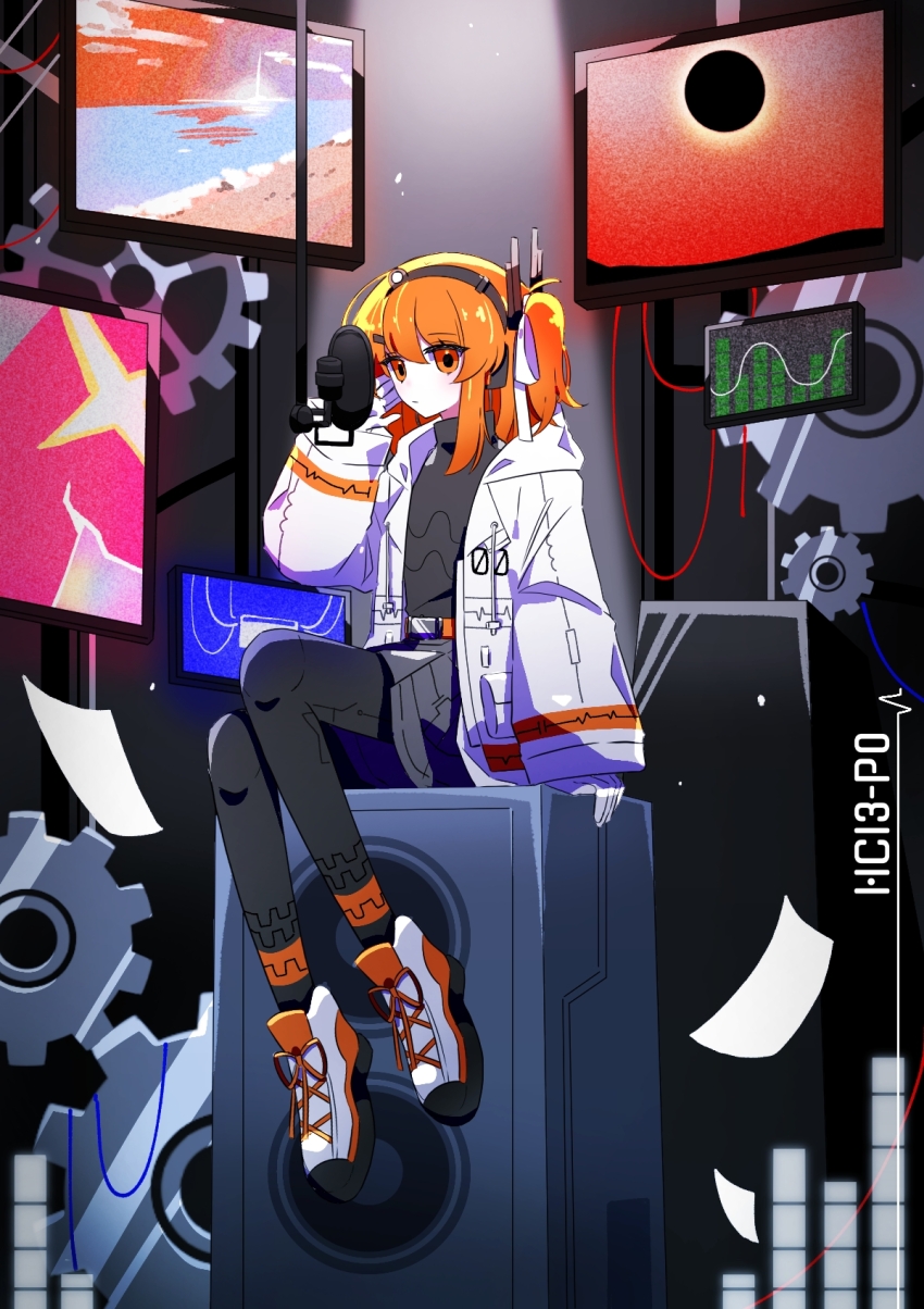 1girl a.i._voice adachi_rei belt_buckle black_leggings black_shirt buckle cable full_body gears grey_skirt hair_ribbon hand_up highres jacket leggings medium_hair mei_(meiday_mise) microphone monitor one_side_up open_clothes open_jacket orange_eyes orange_hair radio_antenna ribbon shirt shoes sitting skirt solo speaker utau white_footwear white_jacket white_ribbon