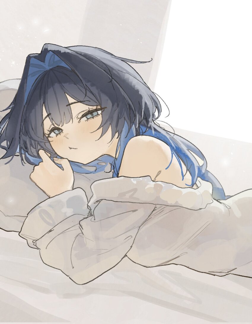 1girl arch_05x bare_shoulders black_hair blue_hair colored_inner_hair grey_eyes hair_intakes highres hololive hololive_english indoors long_hair long_sleeves looking_at_viewer lying messy_hair multicolored_hair on_bed on_stomach ouro_kronii pillow shirt sleepy solo virtual_youtuber white_shirt window wolf_cut