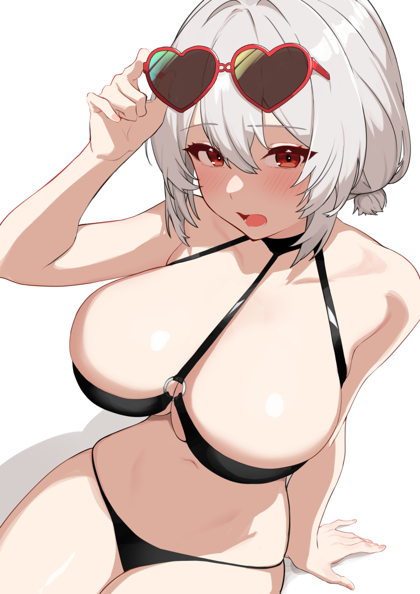 1girl azur_lane bikini black_bikini blush breasts cleavage collarbone eyewear_on_head hair_between_eyes heart heart-shaped_eyewear highres large_breasts looking_at_viewer navel o-ring o-ring_top official_alternate_costume oregano_(olgn_eao) red_eyes short_hair sirius_(azur_lane) sirius_(scorching-hot_seirios)_(azur_lane) solo sunglasses swimsuit white_background white_hair