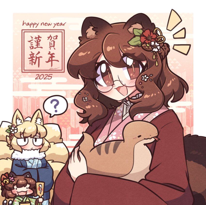 2025 3girls :3 ? absurdres animal_ear_fluff animal_ears bell bilingual blonde_hair blue_jacket blue_kimono blush brown_eyes brown_hair brown_jacket cat_ears cat_girl cat_tail chen chibi commentary egasumi english_commentary english_text floral_print flower forked_tongue fox_ears fox_girl fox_tail fur_collar futatsuiwa_mamizou glasses gradient_background green_kimono hagoita hair_bell hair_flower hair_ornament hands_in_opposite_sleeves hanten_(clothes) happy_new_year highres holding holding_paddle holding_snake jacket japanese_clothes kimono light_frown littlecloudie long_sleeves looking_at_viewer medium_hair mixed-language_text multiple_girls multiple_tails new_year notice_lines obi open_mouth orange_background paddle pince-nez pink_background pink_kimono raccoon_ears raccoon_girl raccoon_tail raised_eyebrow sash seigaiha snake speech_bubble spoken_question_mark tail tongue tongue_out touhou tsuchinoko upper_body wide_sleeves yagasuri yakumo_ran yellow_sash