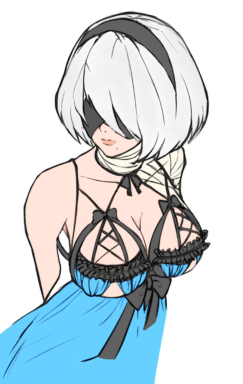 1girl 2b_(nier:automata) absurdres bandage_on_neck bandaid bare_shoulders black_blindfold blindfold breasts closed_mouth cosplay covered_eyes dress ferealp3 hair_ornament hairband highres kaine_(nier) kaine_(nier)_(cosplay) large_breasts lips mole mole_under_mouth nier nier:automata nier_(series) short_hair sleeveless solo upper_body white_hair