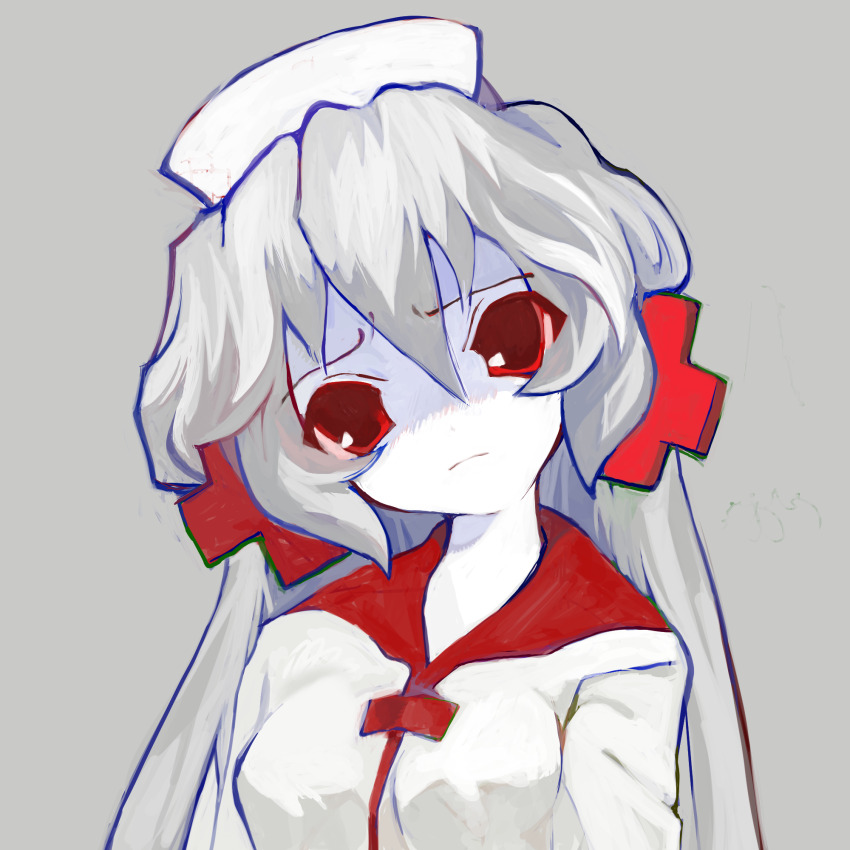 1girl 8eyes colored_eyelashes colored_skin frown grey_hair hair_ornament hat highres nurse nurse_cap nursegirl_(8eyes) red_eyes solo white_skin yogurt200