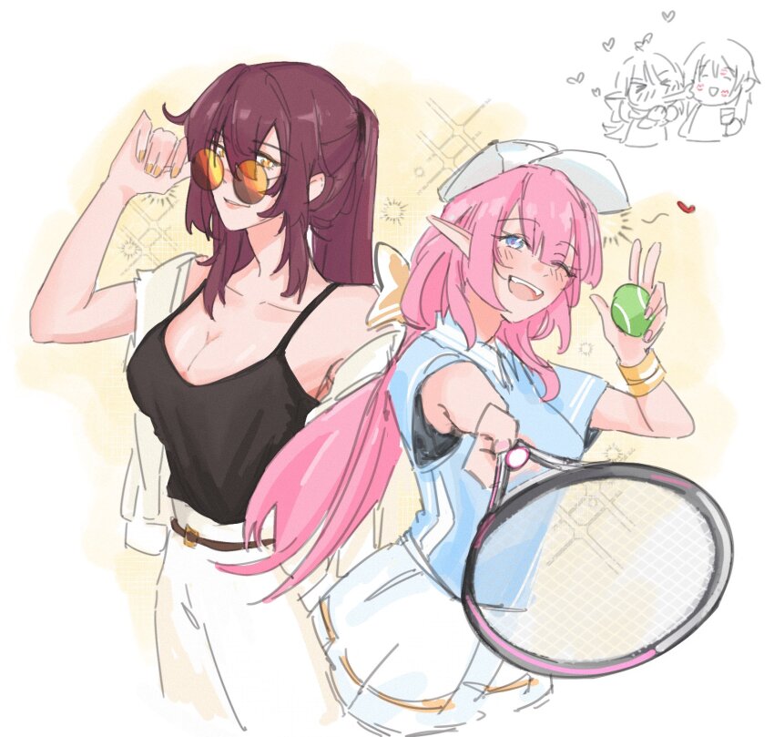 2girls alternate_costume ball black_tank_top blue_eyes blue_shirt breasts cleavage cropped_legs doodle_inset eden_(honkai_impact) elf elysia_(honkai_impact) elysia_(miss_pink_elf)_(honkai_impact) hat heart highres holding holding_ball holding_tennis_racket honkai_(series) honkai_impact_3rd kiss large_breasts multiple_girls pants pink_hair pointy_ears ponytail racket red_hair shirt skirt smile sportswear sunglasses tank_top tennis_ball tennis_racket tennis_uniform white_hat white_pants white_skirt yaro_yk yellow_background yellow_eyes