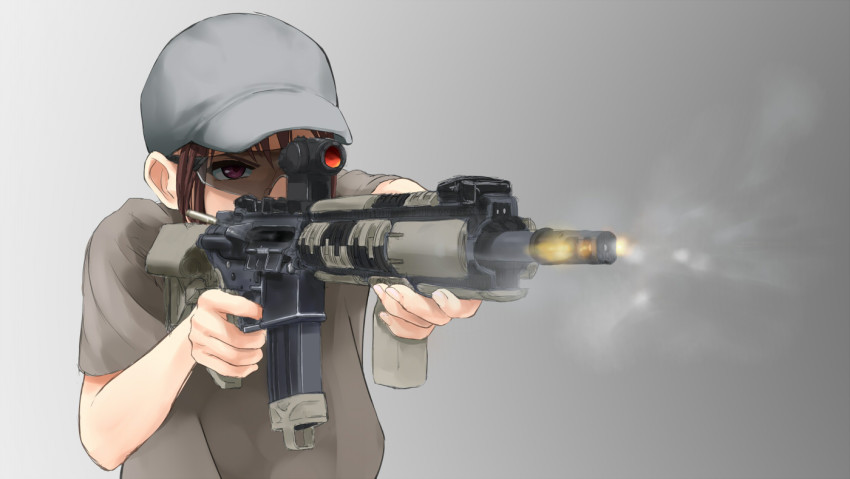 1girl aiming assault_rifle bad_id bad_pixiv_id brown_hair female_focus firing foregrip genso goggles gradient_background gun hat military_operator muzzle_device original rifle scope simple_background solo weapon