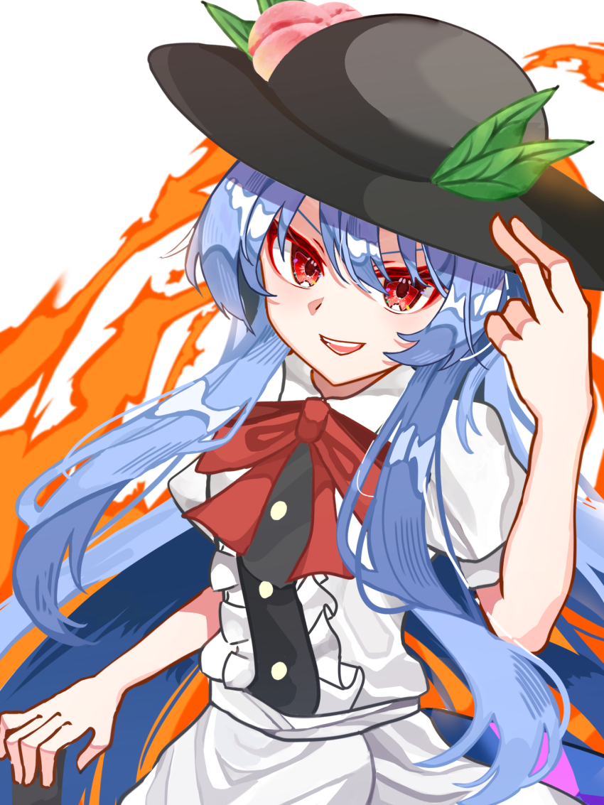 1girl :d apron black_hat blue_hair blue_skirt bow burumiru buttons collared_shirt commentary_request fire food frills fruit hat highres hinanawi_tenshi leaf long_hair looking_at_viewer open_mouth peach puffy_short_sleeves puffy_sleeves red_bow red_eyes shirt short_sleeves sidelocks skirt smile solo sword_of_hisou touhou very_long_hair white_background white_shirt