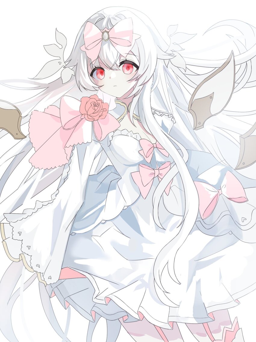 1girl arcaea bow breasts cleavage cowboy_shot detached_wings dress flower highres hikari_(arcaea) hikari_(fatalis)_(arcaea) long_sleeves looking_at_viewer mechanical_wings medium_breasts pink_bow pink_eyes pink_flower pink_hair sidelocks solo thighhighs user_wyut3872 white_dress white_thighhighs wide_sleeves wings