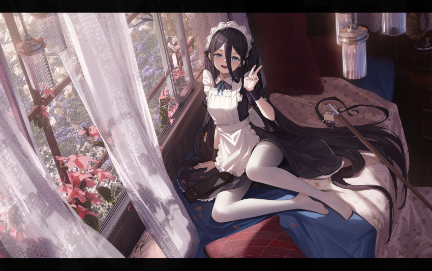 1girl absurdres apron aqua_ribbon aris_(blue_archive) aris_(maid)_(blue_archive) arm_support bed_sheet black_dress black_hair black_wrist_cuffs blue_archive blue_eyes blue_flower cc_xiaotintin chinese_commentary collared_dress commentary_request curtains dress flower frilled_apron frilled_dress frills full_body grass hair_between_eyes handheld_game_console hanging_light highres indoors letterboxed long_hair looking_at_viewer maid maid_apron maid_headdress mop no_shoes number_print official_alternate_costume open_mouth pantyhose phonograph pillow pink_flower puffy_short_sleeves puffy_sleeves ribbon short_sleeves side_ponytail sidelocks sitting solo v very_long_hair white_apron white_flower white_pantyhose wide_shot window wrist_cuffs