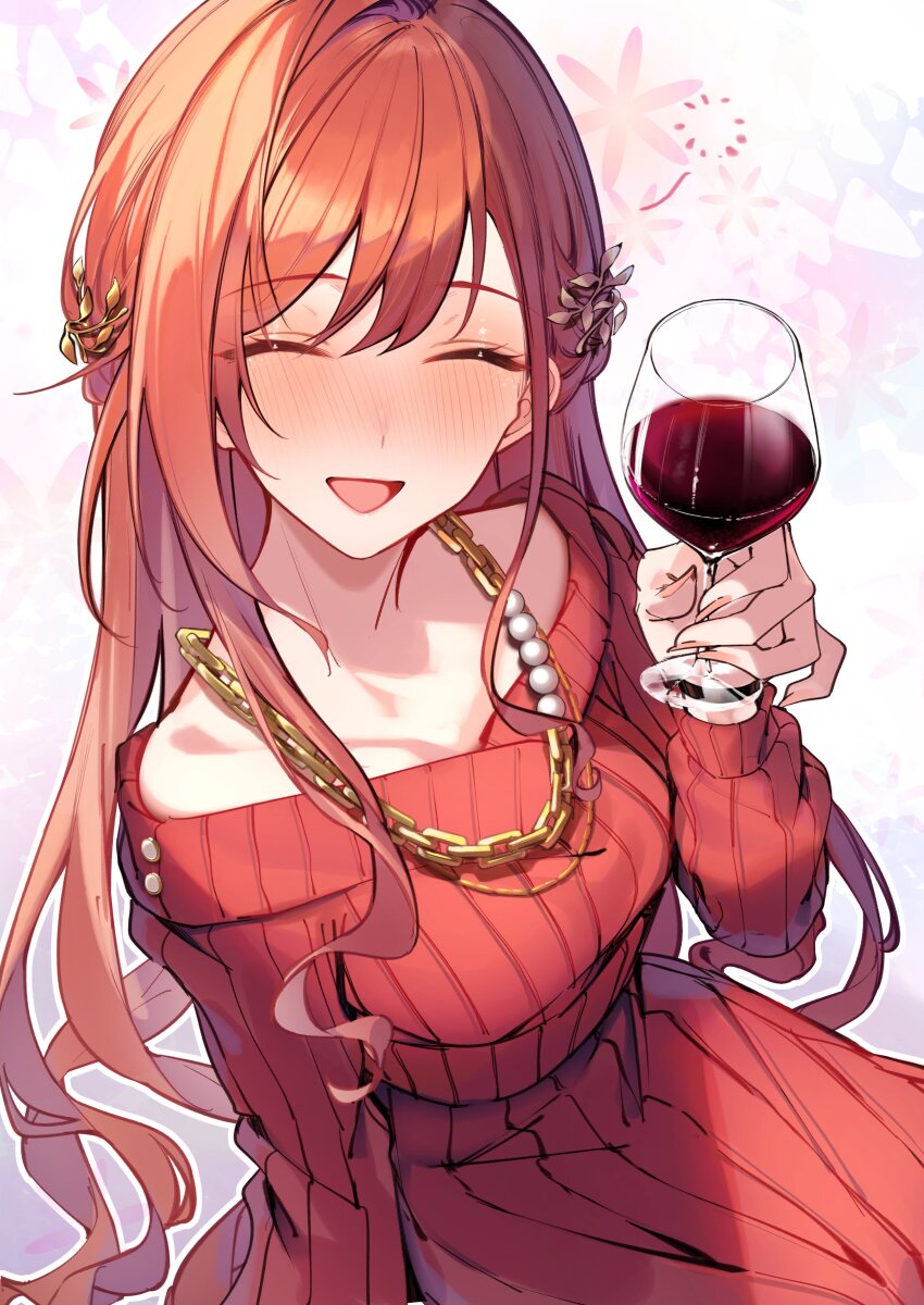 1girl ^_^ absurdres arisugawa_natsuha blush breasts chain chain_necklace closed_eyes collarbone cup dot_nose dress drinking_glass drunk floral_background gradient_background hair_ornament hand_up highres holding holding_cup idolmaster idolmaster_shiny_colors jewelry large_breasts leaf_hair_ornament long_hair long_sleeves medium_breasts megurumiru multicolored_background necklace open_mouth orange_hair pearl_necklace red_dress smile solo wine_glass