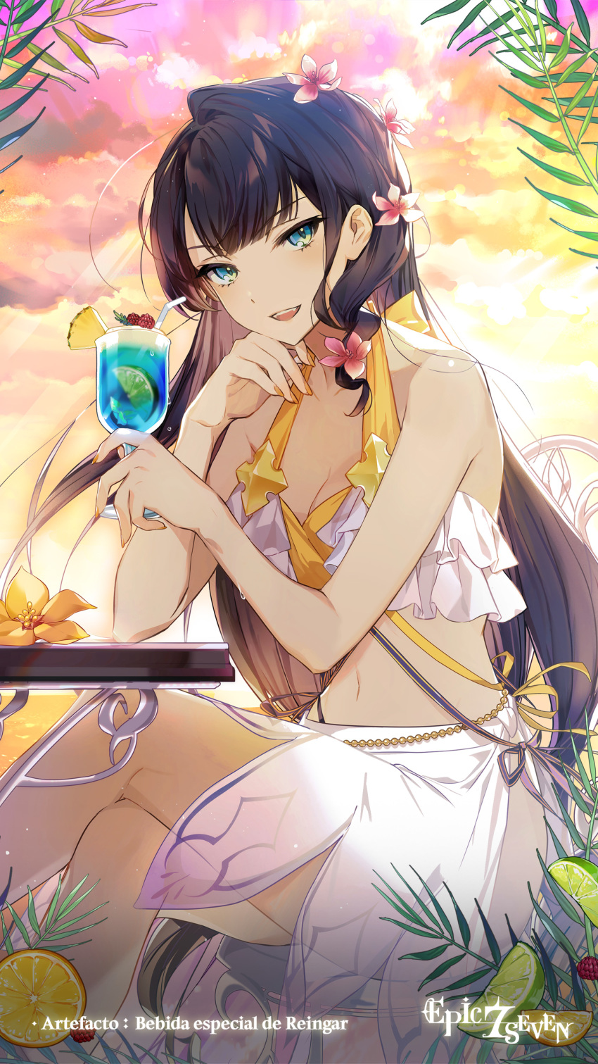 1girl absurdres bare_arms bare_shoulders bellona_(epic_seven) bikini blue_eyes blue_hair breasts cocktail cocktail_glass cup drinking_glass epic_seven flower food fruit hair_flower hair_ornament head_rest head_tilt highres holding large_breasts lemon lemon_slice long_hair looking_at_viewer nail_polish navel orange_(fruit) orange_slice outdoors pineapple pineapple_slice ponytail ribbon sitting sky smile solo sunset swimsuit white_bikini