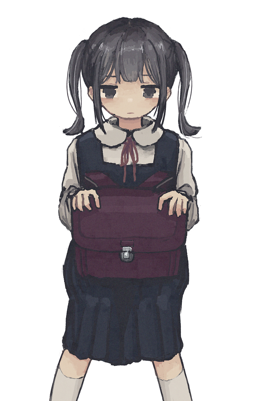 1girl :| absurdres backpack bag black_dress black_eyes black_hair blush closed_mouth collared_shirt dress expressionless feet_out_of_frame highres holding holding_bag kneehighs legs_apart long_bangs long_hair looking_at_viewer neck_ribbon original pinafore_dress pleated_dress randoseru red_ribbon ribbon school_uniform shirt sidelocks simple_background sleeveless sleeveless_dress socks solo spread_legs straight-on twintails uniunimikan white_background white_shirt white_socks