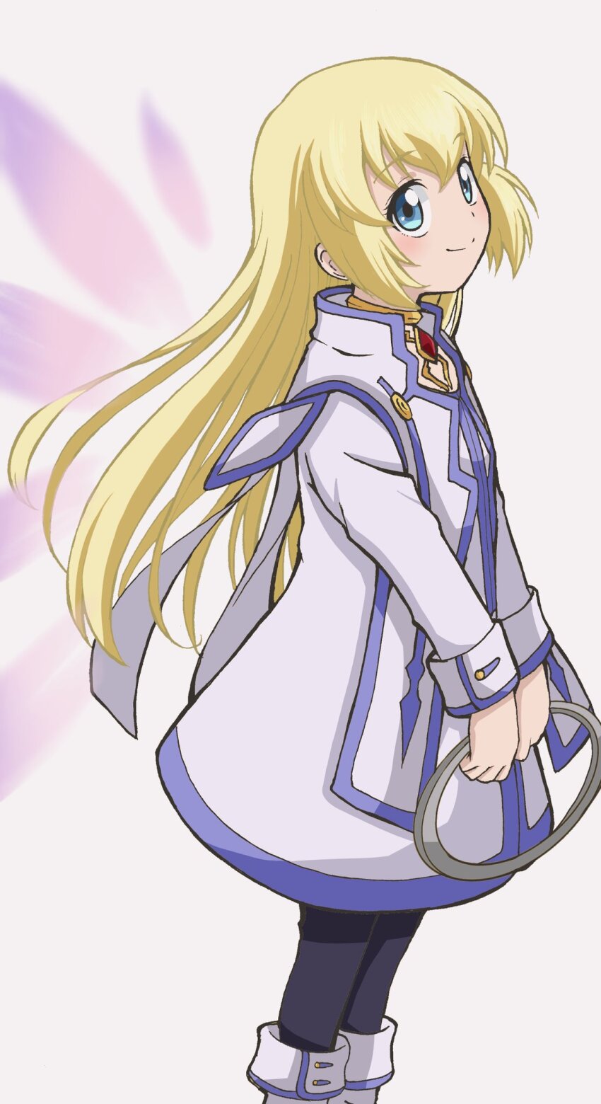 1girl blonde_hair blue_eyes blue_trim blush boots chakram choker closed_mouth colette_brunel dress emapippi gold_choker highres holding holding_weapon jewelry long_hair looking_at_viewer pantyhose pink_wings smile standing tales_of_(series) tales_of_symphonia weapon wings