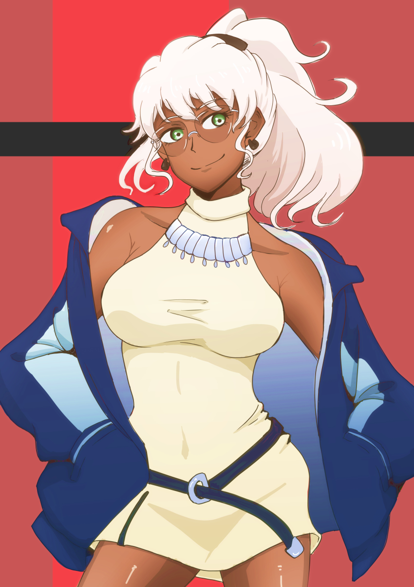 1girl absurdres blue_jacket breasts covered_navel dark-skinned_female dark_skin earrings glasses green_eyes hands_in_pockets highres jacket jewelry long_hair metallic_rouge naomi_orthmann ponytail red_background simple_background smile standing takatou white_hair