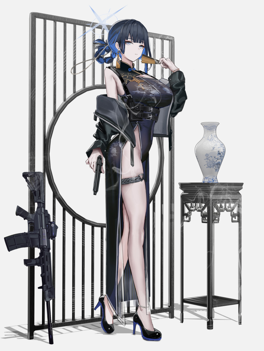 1girl absurdres alternate_costume alternate_hairstyle bare_shoulders black_dress black_footwear black_hair black_jacket blue_archive blue_eyes blue_hair blue_halo braid braided_hair_rings check_weapon china_dress chinese_clothes commentary_request dress full_body gun hair_rings halo handgun high_heels highres holding holding_gun holding_weapon jacket long_hair looking_at_viewer off_shoulder open_clothes open_jacket saori_(blue_archive) side_slit sig_sauer simple_background single_hair_ring solo standing susukawa_(susucawa) vase weapon weapon_request white_background