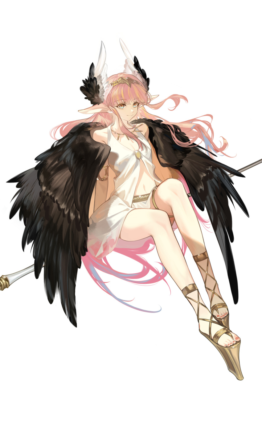 1girl absurdres arlizi armlet bare_legs bare_shoulders black_wings blue_eyes circe_(fate) closed_mouth cross-laced_sandals fate/grand_order fate_(series) feathered_wings full_body gold_footwear gold_tiara gradient_hair highres holding holding_staff jewelry long_hair looking_at_viewer multicolored_hair nail_polish navel necklace pink_eyes pink_hair pink_nails platform_footwear pointy_ears sandals shirt simple_background sitting sitting_on_hair skirt sleeveless sleeveless_shirt smile solo staff tiara toenail_polish toenails toes two-tone_eyes white_background white_shirt white_skirt wing_hair_ornament wings