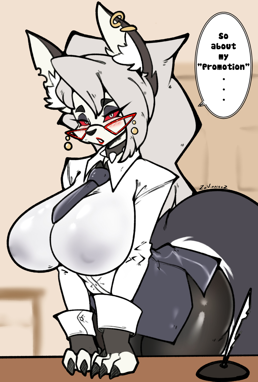 1girl absurdres animal_ears bespectacled blush breasts choker claws earrings furry furry_female glasses helluva_boss highres jewelry large_breasts looking_at_viewer loona_(helluva_boss) office_lady red_eyes tail vinniez white_hair wolf_ears wolf_girl wolf_tail