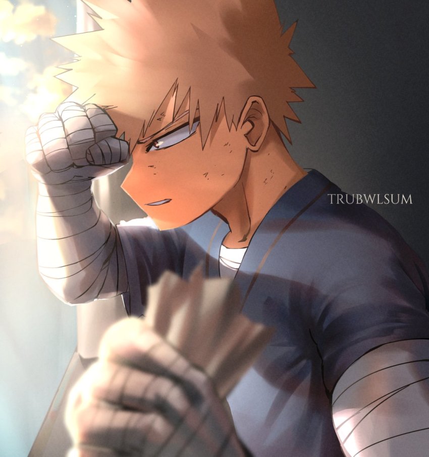 1boy alternate_costume artist_name bakugou_katsuki bandaged_arm bandaged_hand bandages blonde_hair blush boku_no_hero_academia commentary english_commentary from_side hand_up highres holding holding_paper hospital_gown looking_outside male_focus paper profile solo spiked_hair spoilers trubwlsum upper_body window