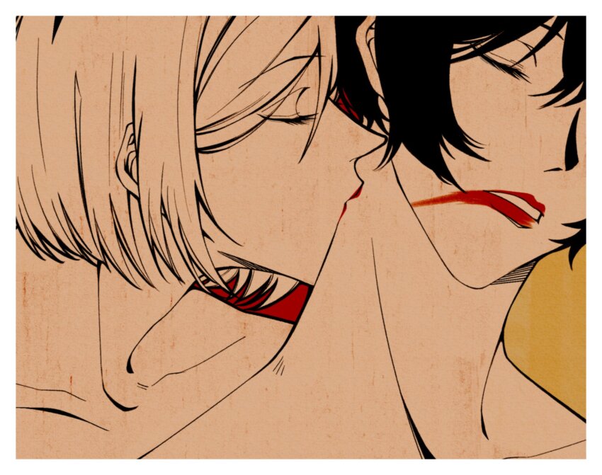 2girls closed_eyes commentary highres jujutsu_kaisen kiss kissing_neck kugisaki_nobara limited_palette lipstick makeup multiple_girls red_lips short_hair smeared_lipstick symbol-only_commentary yellow_background yitiaok01 yuri zenin_mai