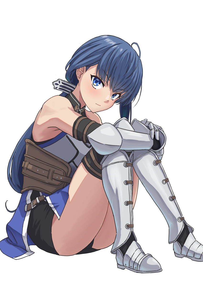 1girl :| absurdres ahoge armor armored_boots bare_shoulders black_shorts blue_eyes blue_hair boots breastplate closed_mouth expressionless gauntlets highres looking_at_viewer mushoku_tensei nina_farion ponytail shirt short_shorts shorts simple_background sitting sleeveless sleeveless_shirt solo syagare thighs white_background