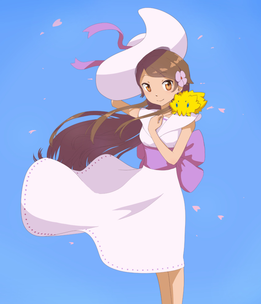 1girl bare_arms brown_eyes brown_hair commentary creatures_(company) english_commentary fatmanass flower game_freak gen_5_pokemon hair_flower hair_ornament hand_on_own_chest hat highres joltik lady_(pokemon) looking_at_viewer nintendo petals pokemon pokemon_(creature) pokemon_bw smile sun_hat