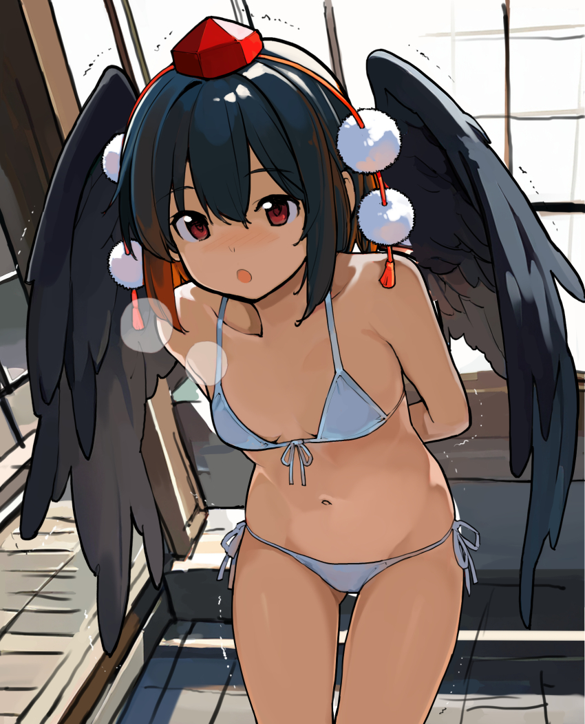 1girl :o arms_behind_back asakura_maru bare_shoulders bikini black_hair black_wings blush breasts breath cold collarbone commentary_request cowboy_shot feathered_wings from_above hat hat_tassel highres indoors navel nose_blush partial_commentary pom_pom_(clothes) red_eyes red_hat shameimaru_aya short_hair shouji side-tie_bikini_bottom sliding_doors solo stomach swimsuit tokin_hat touhou trembling white_bikini wings