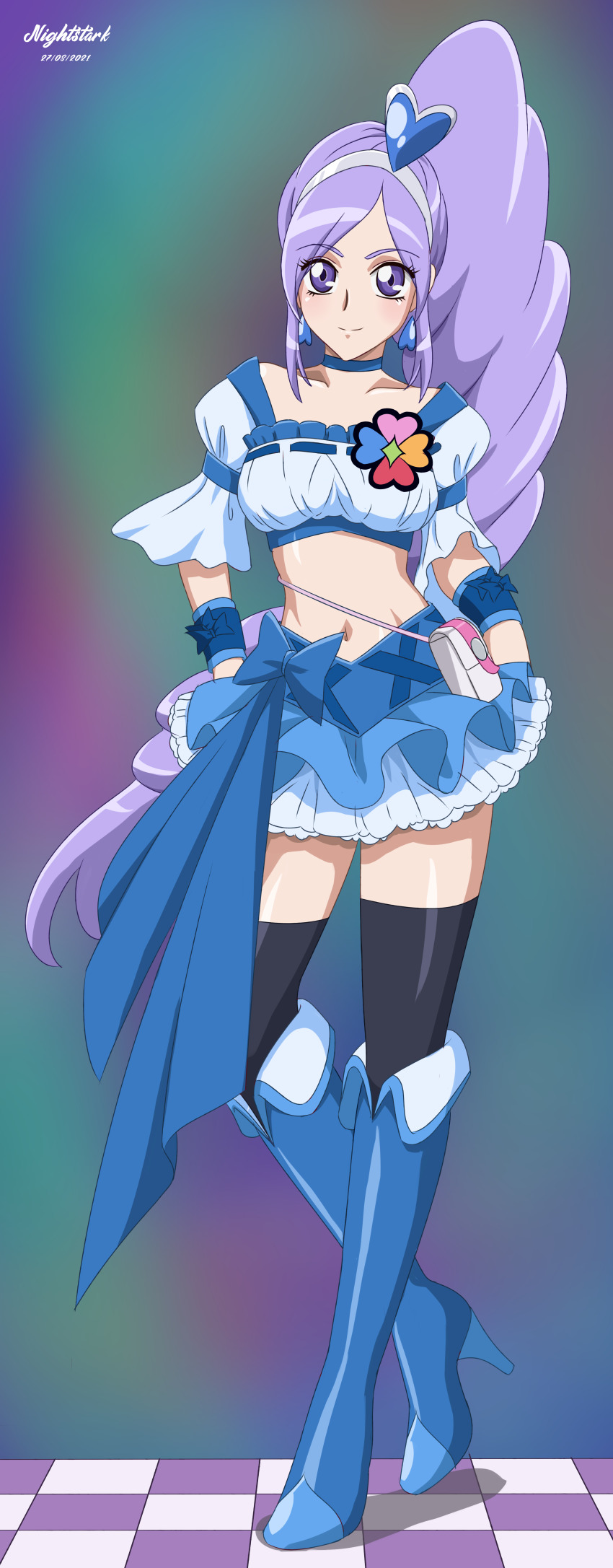 absurdres aono_miki artist_name belly black_thighhighs blue_footwear blue_skirt boots checkered_floor clover_ornament cure_berry dated earrings fresh_precure! full_body hair_ornament heart heart_earrings heart_hair_ornament highres jewelry long_hair midriff multicolored_background navel nightstark pouch precure puffy_short_sleeves puffy_sleeves purple_eyes purple_hair ribbon short_sleeves skirt thigh_boots thighhighs tiara very_long_hair