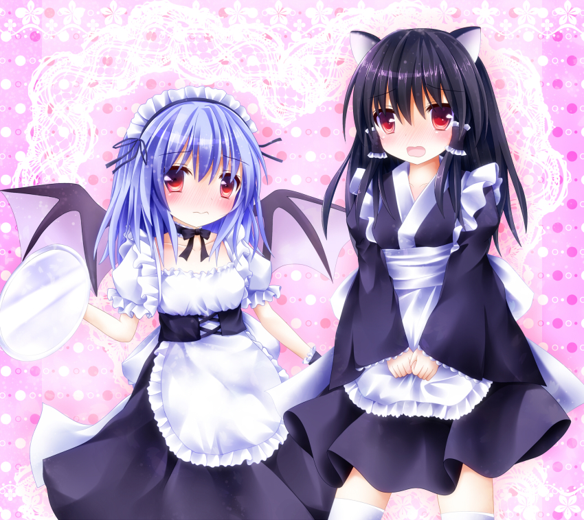 2girls alternate_costume animal_ears apron apron_grab black_hair blue_hair blush border cat_ears clothes_grab embarrassed enmaided frown full-face_blush furomaaju_(fromage) hair_tubes hakurei_reimu highres kemonomimi_mode kneehighs lace lace_border long_hair long_sleeves looking_at_viewer maid maid_apron maid_headdress multiple_girls open_mouth ornate_border pink_background polka_dot polka_dot_background puffy_short_sleeves puffy_sleeves red_eyes remilia_scarlet short_hair short_sleeves socks touhou tray v_arms waist_apron white_legwear wrist_cuffs