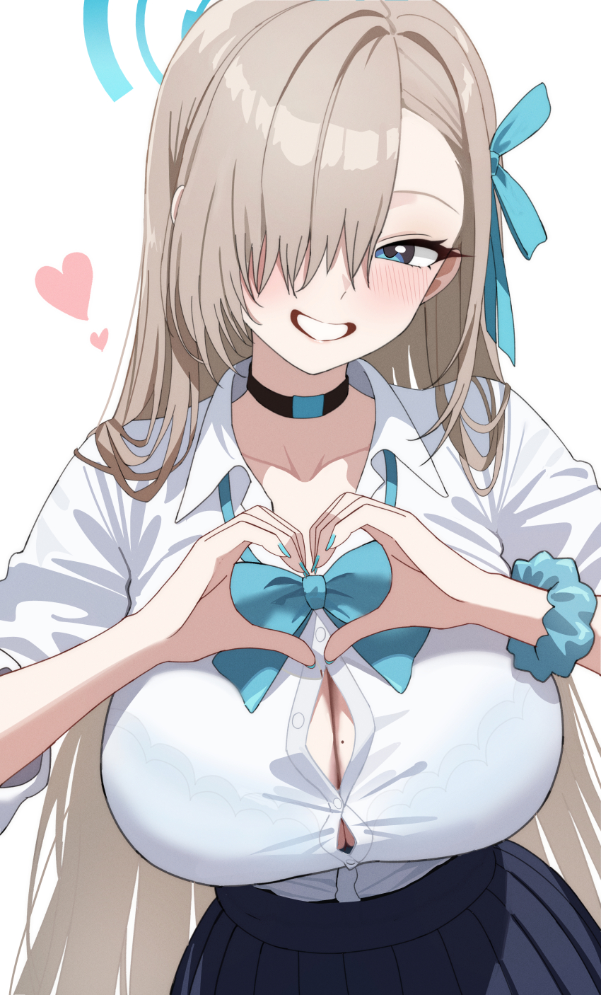 1girl absurdres asuna_(blue_archive) asuna_(school_uniform)_(blue_archive) black_choker blue_archive blue_bow blue_bowtie blue_eyes blue_scrunchie blush bow bowtie breasts brown_hair button_gap choker commentary_request hair_over_one_eye heart heart_hands highres huge_breasts long_hair looking_at_viewer mango_(mango0208) mole mole_on_breast official_alternate_costume scrunchie shirt simple_background solo very_long_hair white_background white_shirt wrist_scrunchie