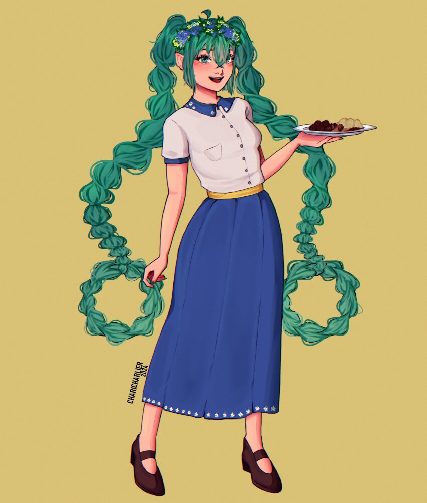 1girl 2024 absurdres alternate_hair_color blue_skirt breasts brown_footwear charicharlier flower_wreath food full_body green_eyes green_hair hair_rings hatsune_miku highres holding holding_plate long_hair long_skirt mary_janes mashed_potatoes meatball midsummer plate pointy_ears sash shirt shoes short_sleeves skirt small_breasts smile solo sweden very_long_hair vocaloid white_shirt worldwide_miku yellow_background yellow_sash