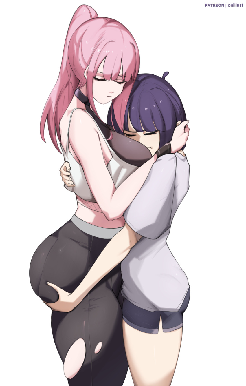 2girls ass black_pants black_shorts blunt_bangs bob_cut breasts closed_eyes closed_mouth grabbing_another&#039;s_ass groping highres hololive hololive_english hug large_breasts long_hair mori_calliope mori_calliope_(new_year) mori_calliope_(streetwear) multiple_girls ninomae_ina&#039;nis ninomae_ina&#039;nis_(loungewear) o22no pants pink_hair ponytail purple_hair shirt short_hair short_shorts shorts t-shirt thighs virtual_youtuber white_shirt