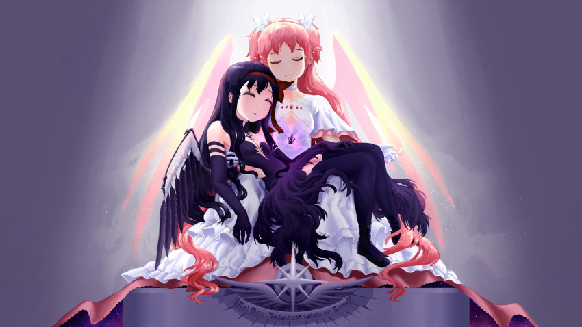 2girls akemi_homura akuma_homura black_hair black_wings carrying closed_eyes couple dpfvm2305 fine_art_parody hair_ribbon headband highres kaname_madoka long_hair magical_girl mahou_shoujo_madoka_magica mahou_shoujo_madoka_magica:_hangyaku_no_monogatari multiple_girls parody pieta ribbon ultimate_madoka white_wings wings yuri