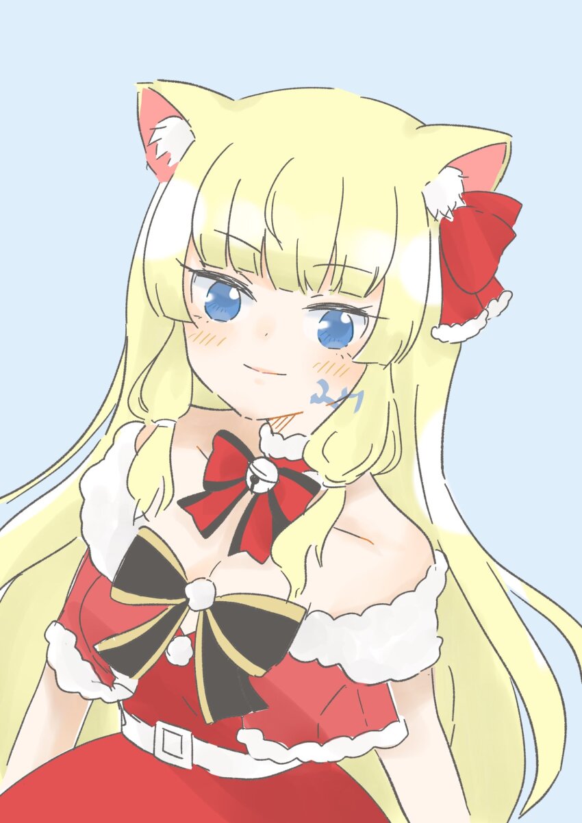 1girl animal_ear_fluff animal_ears arms_at_sides artist_name assault_lily bare_shoulders bell belt black_bow blonde_hair blue_background blue_eyes blush bow bowtie breasts cat_ears cat_girl cleavage closed_mouth collar commentary_request dress fumi_(fumifumi3axl) fur-trimmed_collar fur-trimmed_dress fur_trim hair_bow highres jingle_bell kemonomimi_mode long_hair looking_at_viewer low-tied_sidelocks medium_breasts neck_bell no_pupils off-shoulder_dress off_shoulder official_alternate_costume pom_pom_(clothes) red_bow red_bowtie red_collar santa_dress short_sleeves sidelocks simple_background smile solo standing striped_bow striped_bowtie striped_clothes tachihara_sayu upper_body white_belt